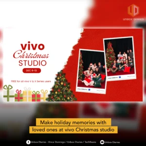 Promotional graphic for the vivo Christmas Studio with the title "vivo Christmas STUDIO," the dates "DEC 9-13," and the caption "FREE for all vivo V & X Series users." It also features a snippet: "Make holiday memories with loved ones at vivo Christmas studio."