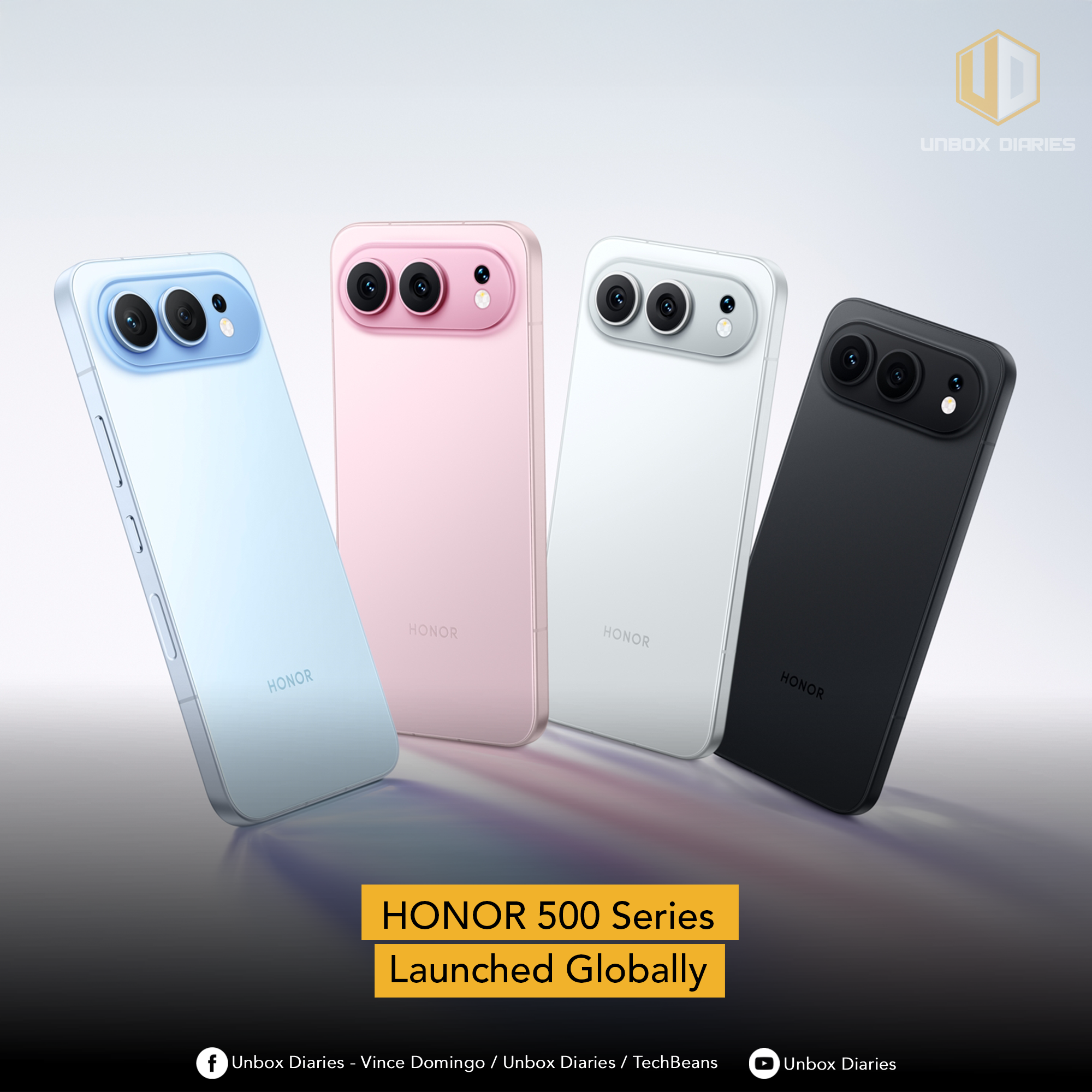 Four HONOR 500 Series smartphones are displayed diagonally against a dark background with a spotlight effect. The phones are in four colors: light blue, pink, silver/white, and black. A large yellow banner at the bottom reads, "HONOR 500 Series Launched Globally." The photo also includes watermarks and logos for "UNBOX DIARIES."