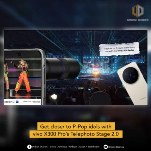 A promotional image overlay from "Unbox Diaries" for the vivo X300 Pro's Telephoto Stage 2.0 feature. It shows a concert scene with a phone screen displaying an 800mm close-up of a performer, positioned next to a graphic of the phone and an external lens. A banner at the bottom reads, "Get closer to P-Pop idols with vivo X300 Pro's Telephoto Stage 2.0."