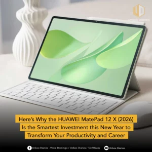 A promotional image of the HUAWEI MatePad 12 X (2026) featuring a bright green abstract wallpaper, a white keyboard, and a mouse, with a yellow overlaying text box about productivity and career investment.