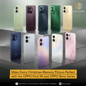 A group of ten OPPO smartphones from the Find X9 and Reno Series displayed on tiered metallic platforms. The phones are shown in a variety of colors, including sage green, deep purple, navy blue, emerald green, gold, light blue, iridescent purple, white, and a floral-patterned pink. The yellow text overlay at the bottom reads, "Make Every Christmas Memory Picture-Perfect with the OPPO Find X9 and OPPO Reno Series."