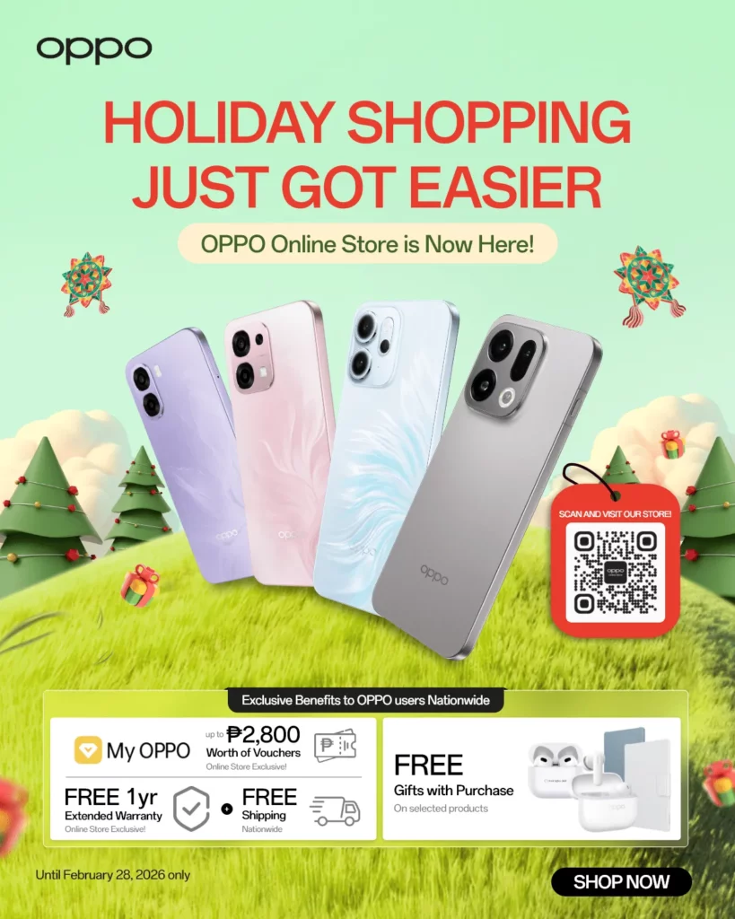 A vertical promotional graphic with the headline "HOLIDAY SHOPPING JUST GOT EASIER: OPPO Online Store is Now Here!". It features four OPPO smartphones—A6x, A6 Pro, Reno14 F 5G, and Find X9—arranged over a grassy hill with Christmas trees. A large red tag contains a QR code with the instruction "SCAN AND VISIT OUR STORE!". The bottom section details exclusive benefits for My OPPO users valid until February 28, 2026, including up to ₱2,800 in vouchers, a free 1-year extended warranty, free shipping, and free gifts with purchase like earbuds and tablet cases.