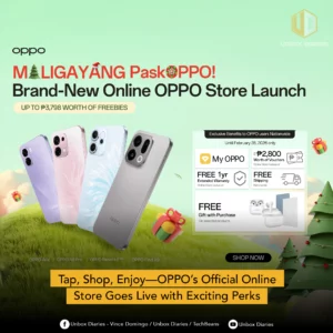 A promotional graphic for the "Brand-New Online OPPO Store Launch" featuring a festive "Maligayang PaskOPPO!" (Merry Christmas OPPO) headline. The image shows four OPPO smartphones in purple, pink, light blue, and silver—specifically the A6x, A6 Pro, Reno14 F 5G, and Find X9. On the right, a "My OPPO" benefit card lists exclusive perks available until February 28, 2026, including up to ₱2,800 worth of vouchers, a free 1-year extended warranty, free shipping, and free gifts with purchase. The bottom includes social media handles for "Unbox Diaries" and "TechBeans".