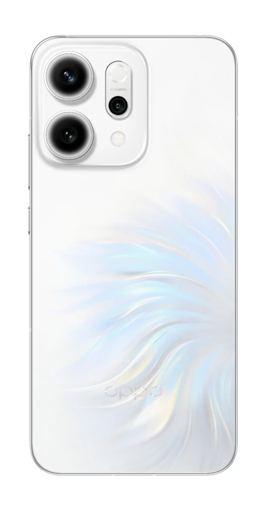 A direct back view of a white smartphone with an iridescent, flowing plume design that shifts colors in the light.