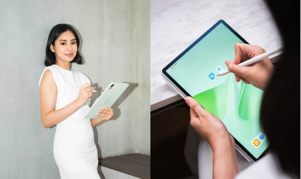Two-panel photo: (Left) A young woman, Alliah Racelis, dressed in white, poses while holding the HUAWEI MatePad 12 X (in Greenery) vertically with the stylus. (Right) Close-up of hands using the M-Pencil Pro to tap an icon on the tablet's home screen.