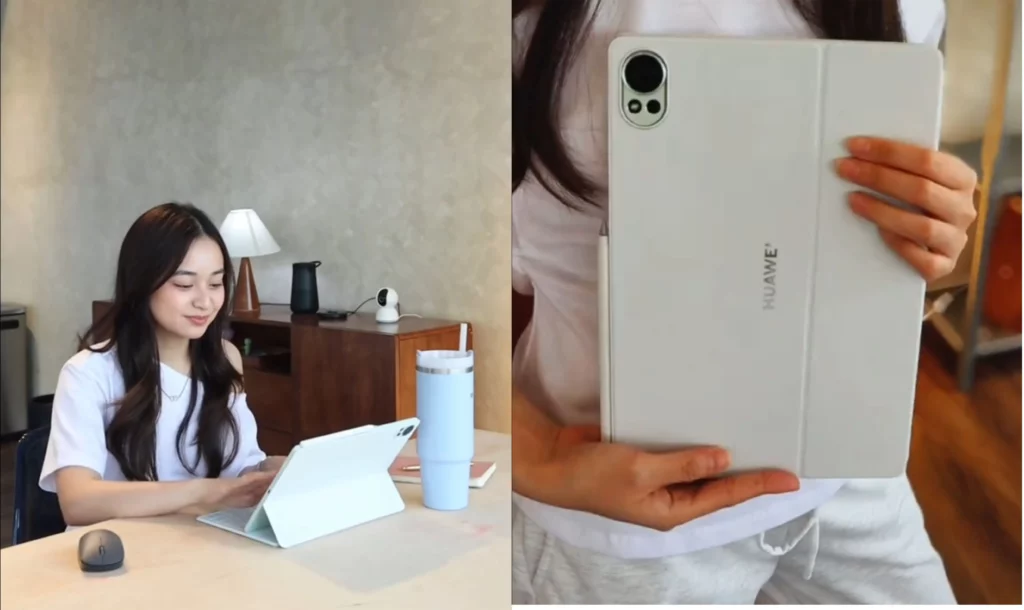 Two-panel photo: (Left) A young woman, Angel Secillano, works from home at a light wood table with her white HUAWEI MatePad 12 X and an external mouse. (Right) A close-up of her holding the tablet vertically, showing its slim profile and the camera module.