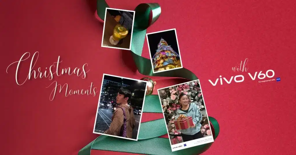 A wide promotional banner featuring the words "Christmas Moments" in script, a green festive ribbon, and four inset photos showing holiday celebrations and the vivo V60 logo.