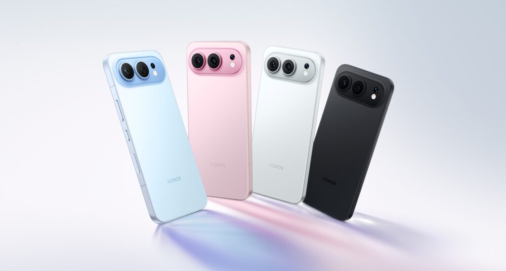 Four HONOR smartphones from the 500 Series are shown tilted on a white and light purple gradient background. The phones are lined up side-by-side in light blue, pink, white/silver, and black. The phones feature a horizontal, pill-shaped camera module on the back.