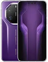 Close-up rendering of the HUAWEI Mate 80 RS Ultimate in a striking purple color. The rear has a unique, squarish camera module with an angular cut on one side and the text 'ULTIMATE DESIGN' running vertically below it. The front shows the display with a notch for the camera and a stylized purple and black wallpaper.