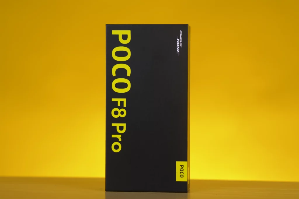 Close-up of the black POCO F8 Pro retail box with yellow text, showing 'POCO F8 Pro' vertically down the side and 'Sound by Bose' near the top right.
