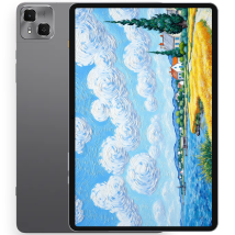 A large, gray TECNO MegaPad SE tablet is shown slightly angled. The back of the tablet is a solid dark gray with a distinctive square camera module located in the upper-left corner, featuring two circular lenses and a flash. The front display shows a bright, colorful painting depicting a landscape with a blue sky full of white, fluffy clouds, a tall green tree, houses on a distant shore, and water in the foreground.