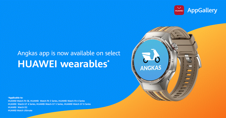 A promotional graphic with a blue and orange gradient background. The text reads: "Angkas app is now available on select HUAWEI wearables*." A high-end HUAWEI smartwatch (likely the Watch Ultimate or a GT series) with a beige strap is shown, displaying the Angkas app icon (a motorcycle rider silhouette) on its screen. The asterisk refers to a small list of compatible devices visible in the bottom corner.