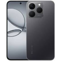 Front and back view of the dark gray realme NARZO 90 smartphone. The back features a large, rectangular camera module with three lenses and a flash. The front display has a centered, top punch-hole cutout and a reflective, wavy gray background image.