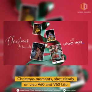A promotional graphic with a red background and green ribbon featuring the text "Christmas Moments with vivo V60" and four polaroid-style photos of holiday scenes.