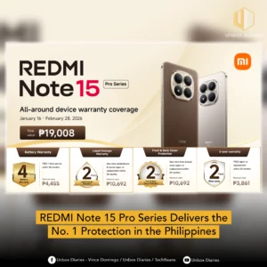 Promotional banner for the REDMI Note 15 Pro Series announcing "All around device warranty coverage" worth ₱19,008 from January 16 to February 28, 2026. The graphic features two smartphones and four gold seals detailing a 4 year battery warranty valued at ₱4,455, a 2 year liquid damage warranty valued at ₱10,692, a 2 year front and back cover protection valued at ₱10,692, and a 2 year standard warranty valued at ₱3,861. A large yellow footer states "REDMI Note 15 Pro Series Delivers the No. 1 Protection in the Philippines".