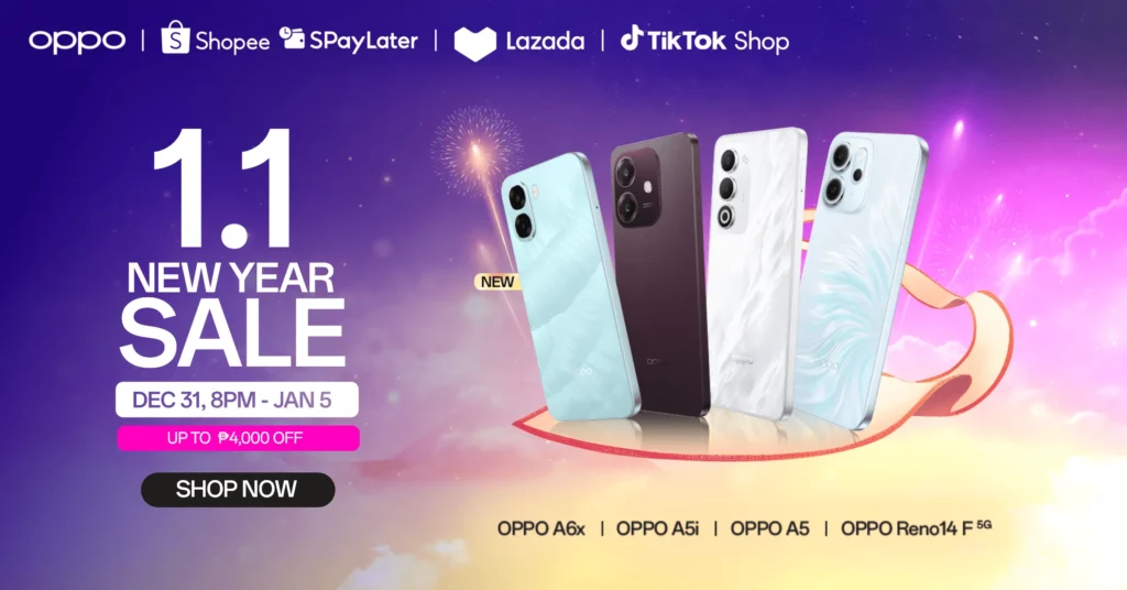 A promotional banner for the "OPPO 1.1 New Year Sale" running from Dec 31, 8 PM to Jan 5, featuring the OPPO A6x, A5i, A5, and Reno14 F 5G with discounts up to ₱4,000.
