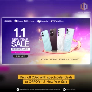 A social media graphic from Unbox Diaries featuring the OPPO 1.1 New Year Sale banner with the caption "Kick off 2026 with spectacular deals at OPPO’s 1.1 New Year Sale".