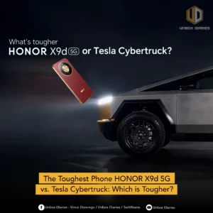 A social media graphic from Unbox Diaries comparing the HONOR X9d 5G and the Tesla Cybertruck with the caption "The Toughest Phone HONOR X9d 5G vs. Tesla Cybertruck: Which is Tougher?".