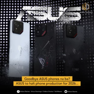 A promotional graphic featuring three ASUS ROG Phone 9 models—one white and two black—standing vertically against a dark, dotted background. A large, weathered ASUS logo is at the top, and a yellow banner at the bottom reads, "Goodbye ASUS phones na ba? ASUS to halt phone production for 2026..."