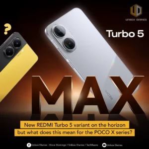 A promotional graphic for the Redmi Turbo 5 Max, featuring a sleek white smartphone angled toward the viewer. The text "Turbo 5 MAX" is displayed in large, bold metallic letters, with a headline below asking about the implications for the POCO X series.