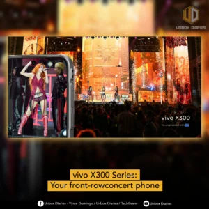 A promotional graphic for the vivo X300 Series featuring a split-screen view. On the left, a close-up smartphone screen displays a high-quality, zoomed-in shot of a performer with bright orange hair on a concert stage. The right side shows the wider, live perspective of the same concert crowd looking toward the illuminated stage. Text overlays state "vivo X300 Series: Your front-row concert phone" and note the device is co-engineered with ZEISS.