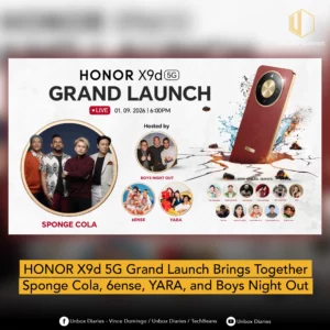 A social media graphic featuring the HONOR X9d 5G Grand Launch poster at the top and a bold yellow text box below that reads "HONOR X9d 5G Grand Launch Brings Together Sponge Cola, 6ense, YARA, and Boys Night Out". The launch event is dated January 9, 2026, at 6:00 PM. The bottom footer includes social media handles for "Unbox Diaries - Vince Domingo" and "TechBeans".