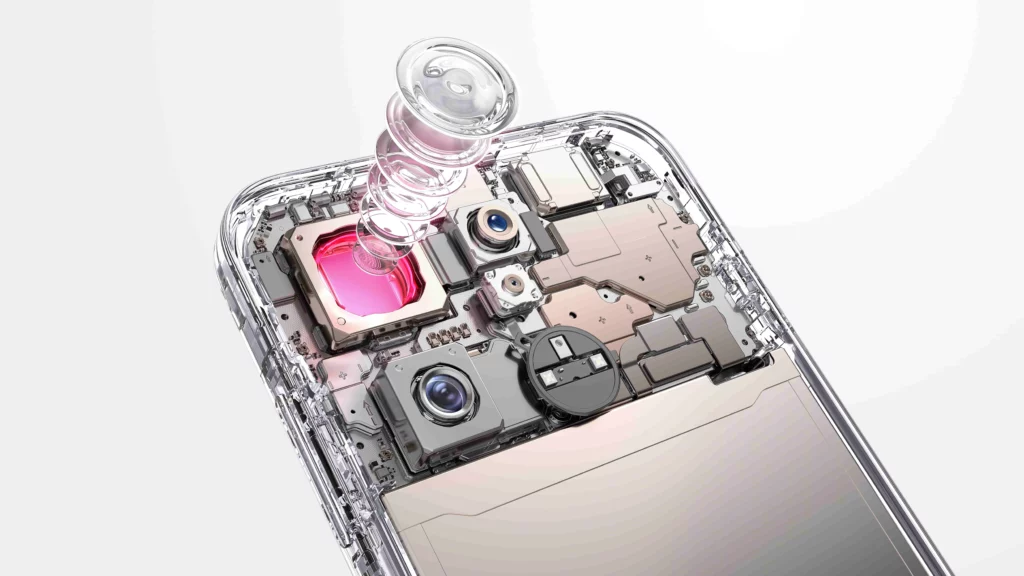 An internal hardware visualization of a smartphone camera. A glowing pink light highlights the main camera sensor as several glass lens elements hover directly above it in an exploded view.