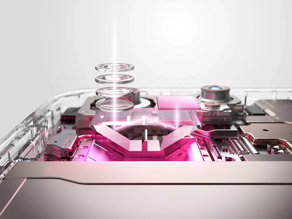 A high-tech internal cross-section of a smartphone camera system. Light paths are illustrated as glowing pink lines traveling through a series of four vertically stacked lens elements before hitting a rectangular sensor chip.