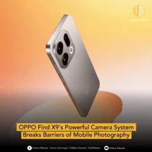 A sleek, silver-colored OPPO Find X9 smartphone floating diagonally against a warm orange and pink gradient background. Below the device is a banner that reads, "OPPO Find X9's Powerful Camera System Breaks Barriers of Mobile Photography".