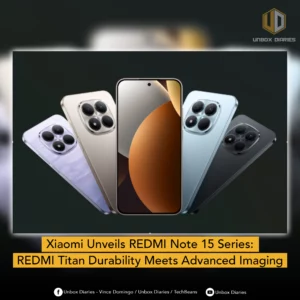A promotional graphic from Unbox Diaries showing five REDMI Note 15 Series smartphones in different colors (purple, gold, light blue, and black) arranged in a fan shape around a central device showing the front display.
