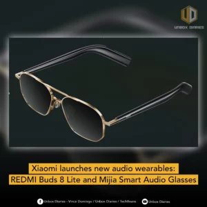Promotional graphic for Xiaomi audio wearables. It features a pair of gold-framed Mijia Smart Audio Glasses with dark lenses against a dark background. Below the image is a yellow banner with the text "Xiaomi launches new audio wearables: REDMI Buds 8 Lite and Mijia Smart Audio Glasses."