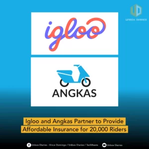 A graphic with a blue-to-black gradient background featuring two white rectangular panels. The top panel shows the stylized "igloo" script logo in purple and orange, and the bottom panel shows the Angkas logo, which includes a blue scooter icon and the word "ANGKAS." A yellow text box at the bottom reads, "Igloo and Angkas Partner to Provide Affordable Insurance for 20,000 Riders."