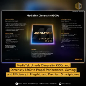 A promotional graphic titled "MediaTek Dimensity 9500s" detailing its core features. The central image shows the processor chip glowing with blue and purple light. Surrounding text highlights specifications for "Significant Speeds," "Supreme Gaming," "Smarter AI," "Shutterbug's Favorite," and "Super Connectivity". A yellow banner at the bottom announces the unveiling of the Dimensity 9500s and Dimensity 8500.
