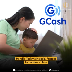 The same photograph of the woman and child with a laptop, now featuring a large GCash logo in the upper right corner. A yellow text box at the bottom contains the slogan: "Handle Today’s Needs, Protect Tomorrow’s Plans".