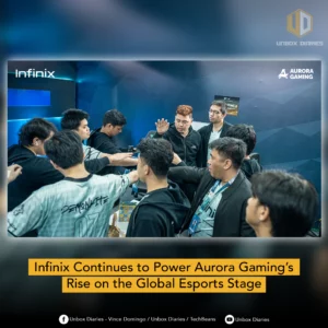 A social media graphic featuring the huddle photo from Image 3. It includes a large yellow headline at the bottom that reads, "Infinix Continues to Power Aurora Gaming's Rise on the Global Esports Stage." Branding for Unbox Diaries and various social media handles are also visible.