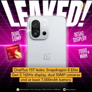 OnePlus 15T leaks: Snapdragon 8 Elite Gen 5, 165Hz display, dual 50MP cameras, and at least 7,000mAh battery.