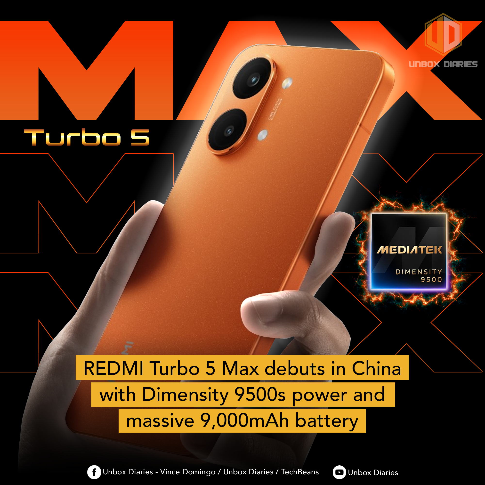 REDMI Turbo 5 Max debuts in China with Dimensity 9500s power and massive 9,000mAh battery.