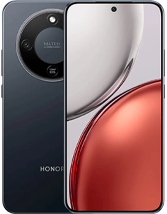 A studio product shot showing the front and back of the HONOR X9d 5G in a dark gray or black finish. The back features a prominent, large circular camera island labeled "MATRIX AI VISION CAMERA" with a 108MP OIS lens. The front displays a near bezel-less screen with a centered hole-punch camera and a vibrant, flowing red and white wallpaper.