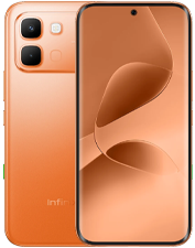 a product photo of the Infinix NOTE Edge showing the front and rear angle. The rear angle shows an orange colored body with a rectangular camera island.