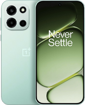 A front and back view of a light mint green smartphone. The back has a square camera module with three circular elements arranged in a triangular pattern and a small flash. The front displays a flat screen with a centered punch-hole camera and a green-themed abstract wallpaper featuring the 'Never Settle' branding.