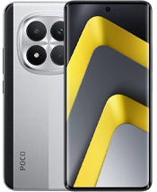 A front and back view of the POCO M8 Pro smartphone. The front features a curved display with slim bezels and a centered hole-punch camera, displaying a vibrant yellow and grey geometric wallpaper. The back has a silver metallic finish with a large, circular quad-camera module centered at the top. A vertical black textured stripe runs along the left edge, featuring the "POCO" logo at the bottom.