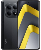 A front and back view of the POCO M8 smartphone. The front shows a curved screen with a centered hole-punch camera and a yellow and grey abstract wallpaper. The back is finished in a sleek matte black, featuring a prominent circular quad-camera housing. The "POCO" logo is printed vertically in silver on the bottom left corner of the rear panel.