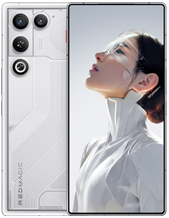 A product shot of the REDMAGIC 11 Air in white. The device features a transparent-style textured back panel with prominent camera lenses and a seamless, edge-to-edge front screen with no visible selfie camera cutout.