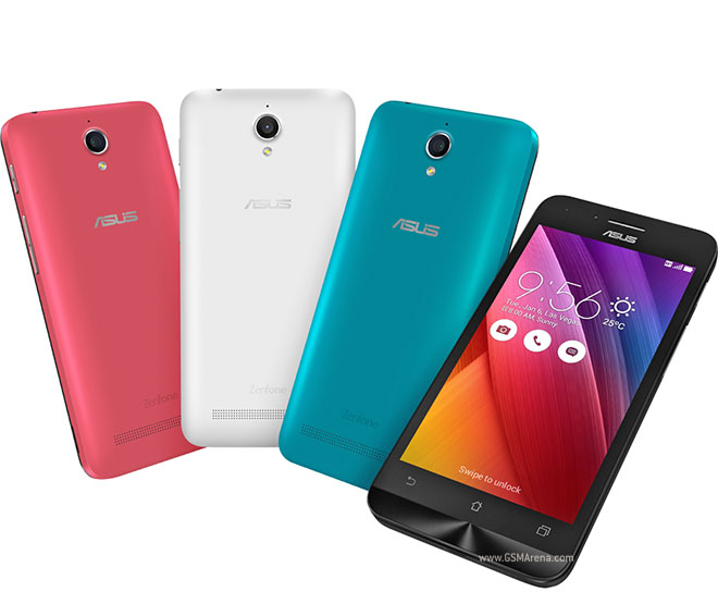 A group shot of four older ASUS Zenfone models in various colors, including bright pink, white, and teal. One phone is turned forward, showing a colorful, dated Android home screen with a clock widget.