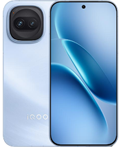 A front and back view of a light blue smartphone. The back features a unique, large rounded-square camera module at the top center with two horizontal lenses encased in a dark circular frame. The front showcases a display with a centered hole-punch camera and a flowing, blue-toned abstract wallpaper.