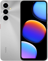 A front and back view of the nubia V80 Max in a silver gradient finish. The back features three vertically aligned camera lenses arranged individually without a surrounding module. The front shows a display with a waterdrop-style notch and a colorful abstract bubble wallpaper.