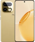 Front and back view of a gold realme 16 Pro+ smartphone. The back features a textured finish with a large, square-rounded camera module containing three lenses and a flash. The front displays a slim-bezel screen with a centered hole-punch camera and a golden abstract wallpaper.