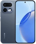 Front and back view of a slate blue realme 16 Pro smartphone. The back has a smooth matte finish and a prominent camera island with three lenses. The front features a flat display with a centered hole-punch camera and a blue-toned fluid wallpaper.