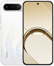 a product photo of the realme 16 showing both the rear and the front angle. The rear contains a horizontal camera island with what looks to be three cameras and a marble-like rear panel design.