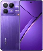 A front and back view of the realme Neo8 in Cyber Purple. The back features a transparent glass panel revealing internal tech patterns and a "VOOC" branding. A large, square black camera module houses three lenses and a "120X" periscope zoom label. To the right of the cameras is the "Awakening Halo" RGB light strip. The front shows a flat display with a center punch-hole and a matching purple-and-silver geometric wallpaper.